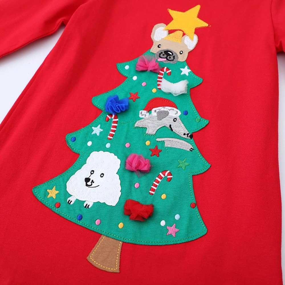 Girls Cotton Long Sleeve Casual Cartoon Appliques Striped (Christmas-themed)