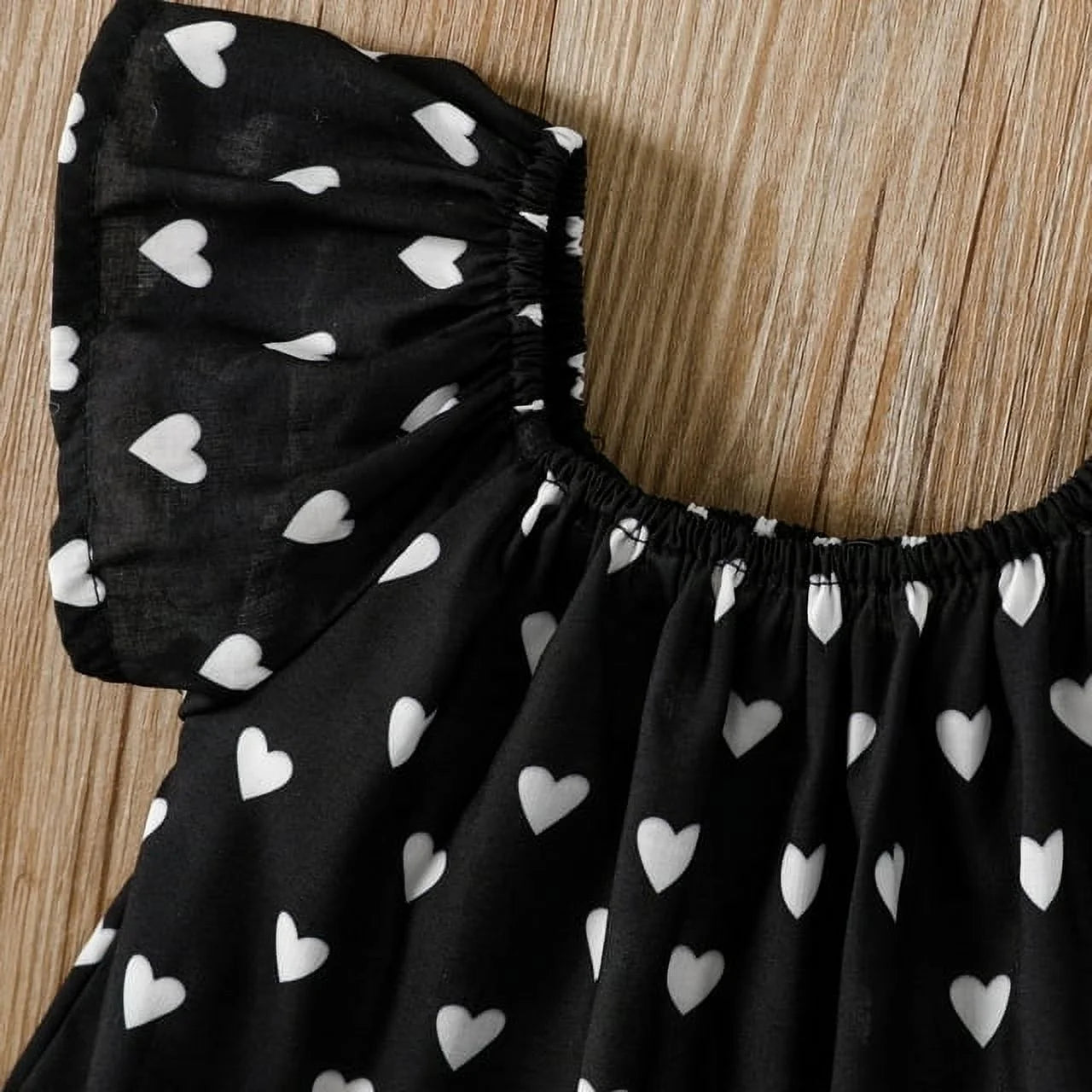 Kids Clothes Baby Toddler Girls Outfit Sets 3Pcs Heart Print off Shoulder Blouse and Denim Shorts & Headband Set, Black,5-6T
