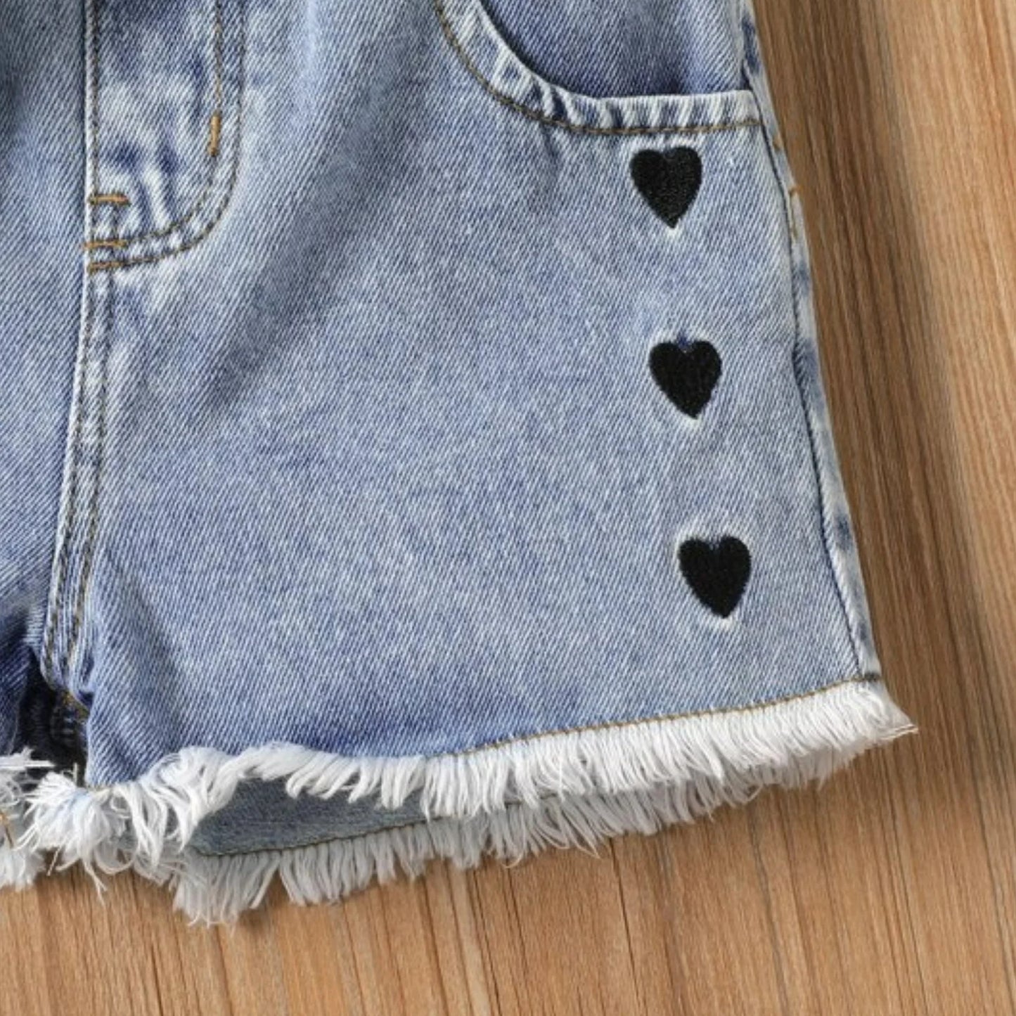 Kids Clothes Baby Toddler Girls Outfit Sets 3Pcs Heart Print off Shoulder Blouse and Denim Shorts & Headband Set, Black,5-6T