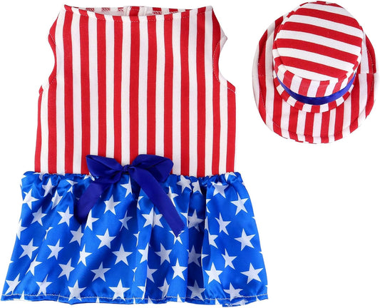Dog 4Th of July Costume and Hat, Pet Puppy 4Th of July Outfit Clothes Patriotic Striped Dress for Small Medium Dog Cat