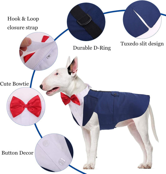 Tuxedo for Large Dogs, Suit and Bandana Set, Wedding Outfit with Bow Tie, Formal Tux Costume for Halloween Christmas Birthday Party Cosplay, Blue XL