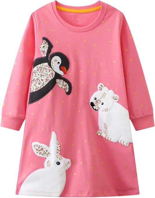 Girls Cotton Long Sleeve Casual Cartoon Appliques Striped Jersey Dresses