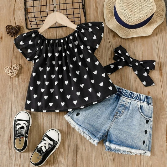 Kids Clothes Baby Toddler Girls Outfit Sets 3Pcs Heart Print off Shoulder Blouse and Denim Shorts & Headband Set, Black,5-6T