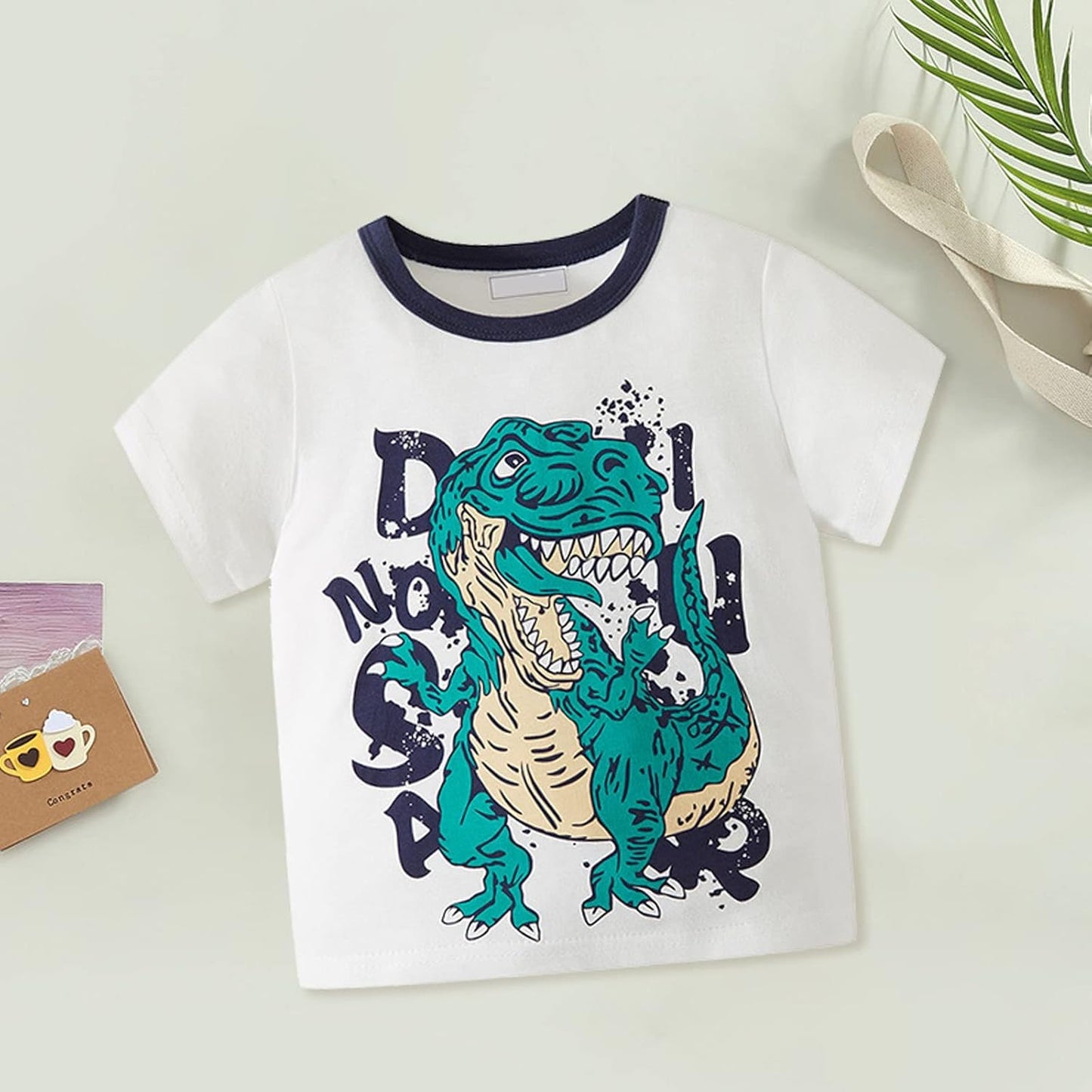 Cute Kids Clothes Set for Toddler Kids Baby Boys Summer Cartoon Cool Dinosaur Short Sleeve Crewneck T (White, 5-6 Years)