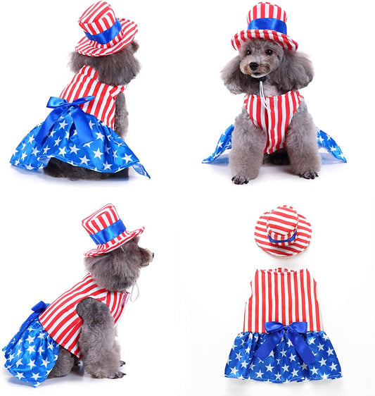 Dog 4Th of July Costume and Hat, Pet Puppy 4Th of July Outfit Clothes Patriotic Striped Dress for Small Medium Dog Cat