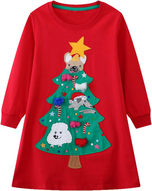 Girls Cotton Long Sleeve Casual Cartoon Appliques Striped (Christmas-themed)