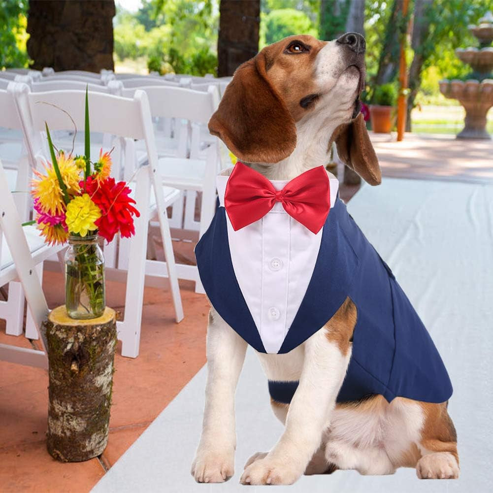 Tuxedo for Large Dogs, Suit and Bandana Set, Wedding Outfit with Bow Tie, Formal Tux Costume for Halloween Christmas Birthday Party Cosplay, Blue XL