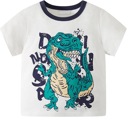 Cute Kids Clothes Set for Toddler Kids Baby Boys Summer Cartoon Cool Dinosaur Short Sleeve Crewneck T (White, 5-6 Years)